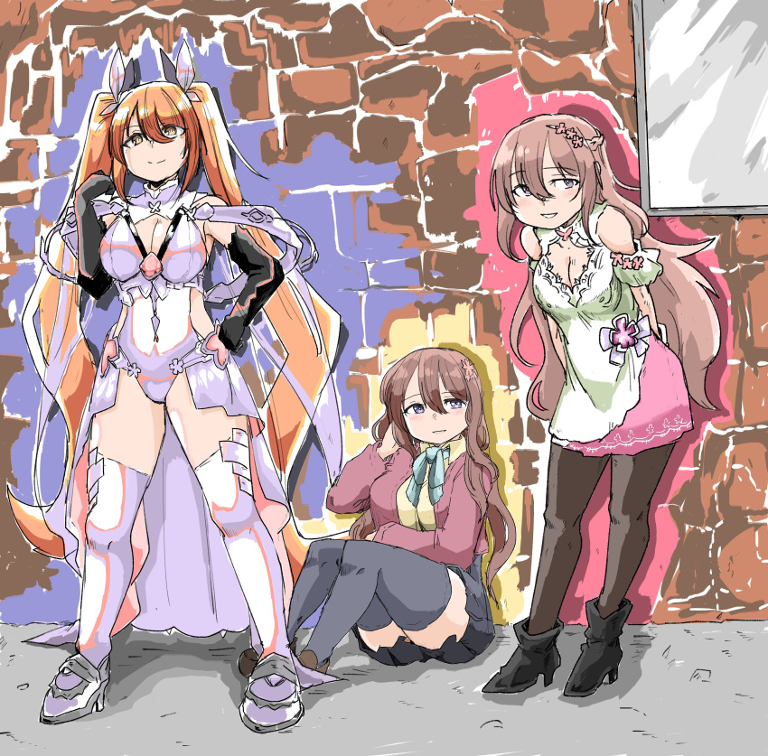 3girls absurdres black_gloves black_pantyhose black_skirt black_thighhighs breasts brick_wall brown_hair cleavage clothing_cutout commentary commission dress elbow_gloves english_commentary gloves grey_footwear hair_between_eyes high_heels highres hip_vent indie_virtual_youtuber leaning_forward leotard long_hair looking_at_viewer multiple_girls nina_saotome official_alternate_costume pantyhose poyo_(hellmayuge) second-party_source shoulder_cutout sitting skirt smile standing thighhighs twintails very_long_hair virtual_youtuber white_dress white_leotard white_skirt white_thighhighs