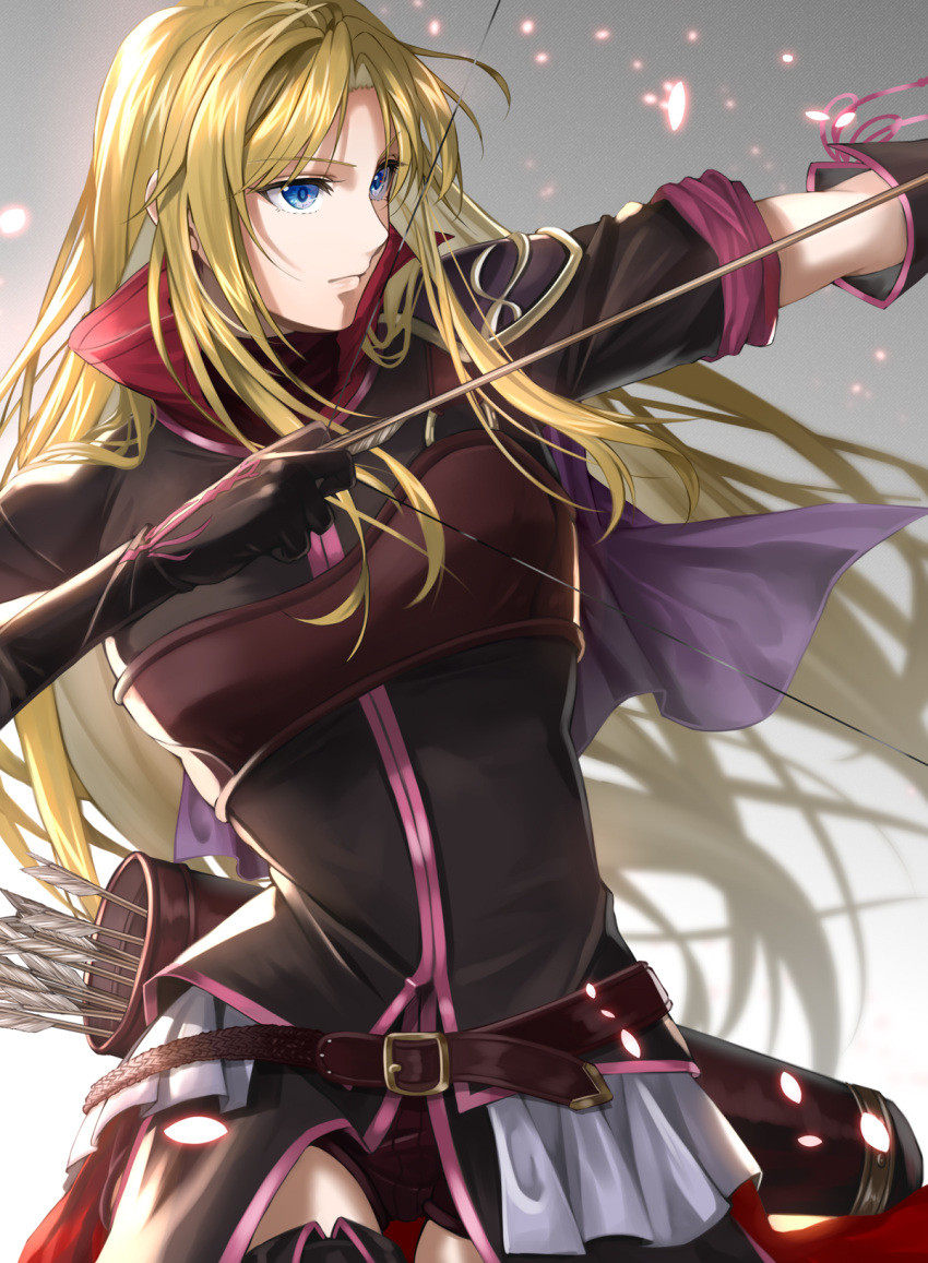 armor arrow_(projectile) belt black_gloves black_shirt blonde_hair blue_eyes bow_(weapon) breasts capelet clarisse_(fire_emblem) collar delsaber elbow_gloves fire_emblem fire_emblem:_mystery_of_the_emblem gloves high_collar highres leather_armor long_hair purple_capelet quiver red_collar shirt short_shorts shorts skirt small_breasts very_long_hair weapon white_skirt