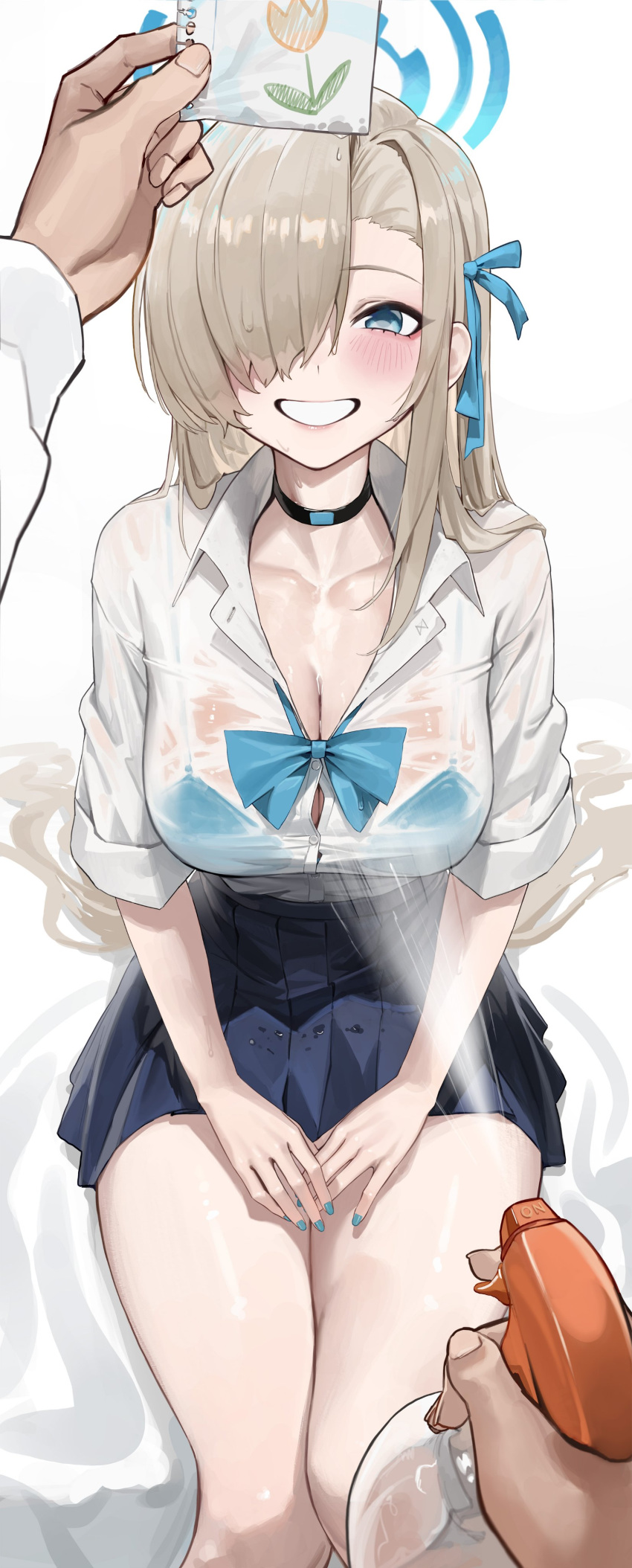 1boy 1girl absurdres asuna_(blue_archive) blue_archive blue_bra blush bow bowtie bra bra_visible_through_clothes fingernails grey_hair hair_over_one_eye halo highres long_hair looking_at_viewer loose_bowtie nail_polish one_eye_covered own_hands_together pleated_skirt school_uniform sensei_(blue_archive) shirt sitting skirt smile so_shio underwear very_long_hair watering_can wet wet_clothes wet_hair wet_shirt