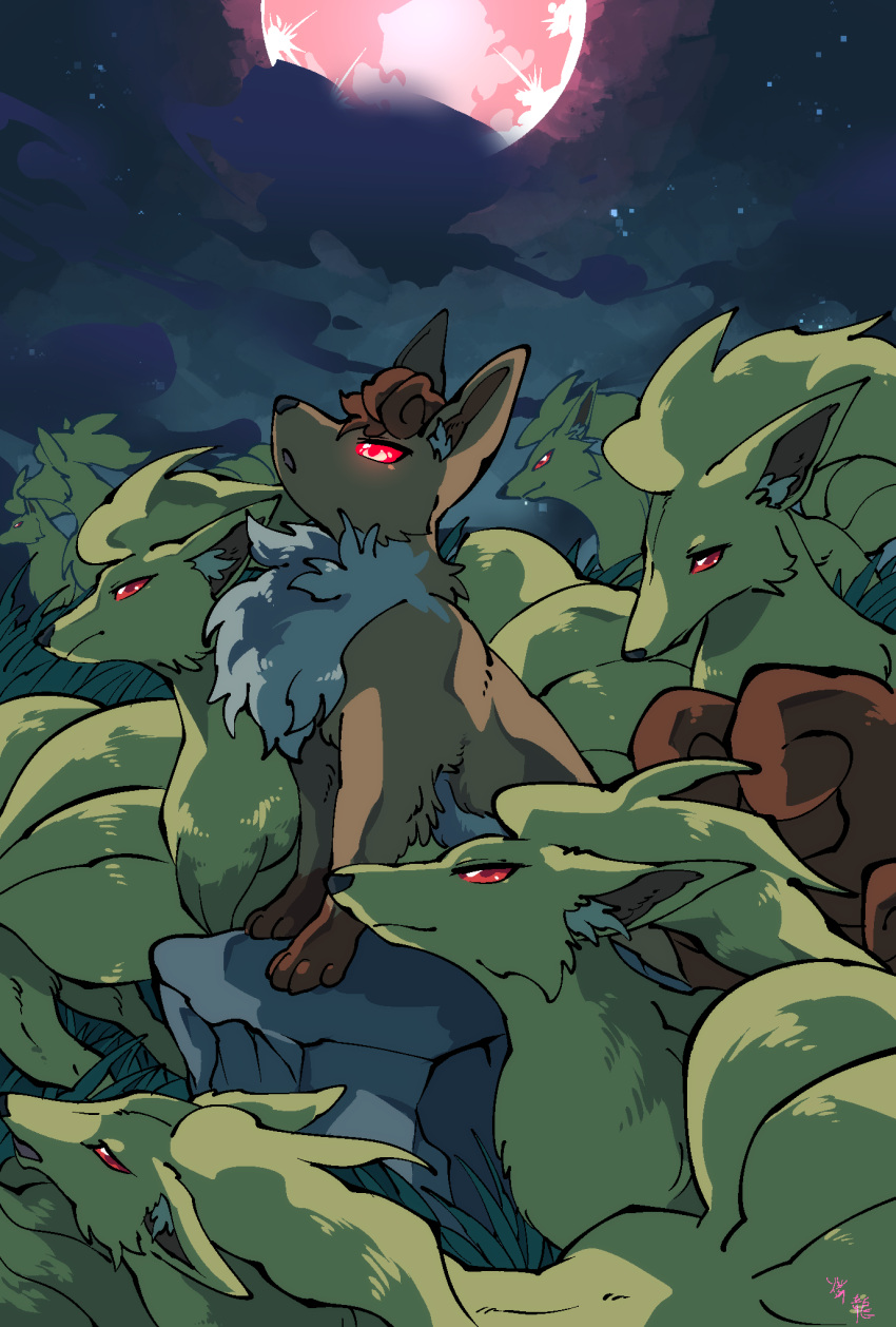 2023 3_tails 4_tails 4_toes alpha_pokemon black_inner_ear black_nose brown_body brown_fur canid canine cheek_tuft chest_tuft cloud colored countershade_fur countershade_torso countershading crowd detailed_background digital_media_(artwork) facial_tuft feet feral fluffy_chest full_moon fur generation_1_pokemon glowing glowing_eyes grass group head_tuft hi_res howl kemono large_group leg_markings light lighting mammal markings monotone_body monotone_fur moon multi_tail multi_tone_fur multicolored_body multicolored_fur ninetales nintendo no_sclera nude odd_one_out ohayou_milk open_mouth orange_body orange_fur pack plant pokemon pokemon_(species) portrait pupils quadruped red_body red_eyes red_fur red_moon red_pupils red_tail shaded side_view sitting sky snout socks_(marking) standing star starry_sky tail three-quarter_portrait toes tuft vulpix white_body white_countershading white_fur yellow_body yellow_ears yellow_fur yellow_tail