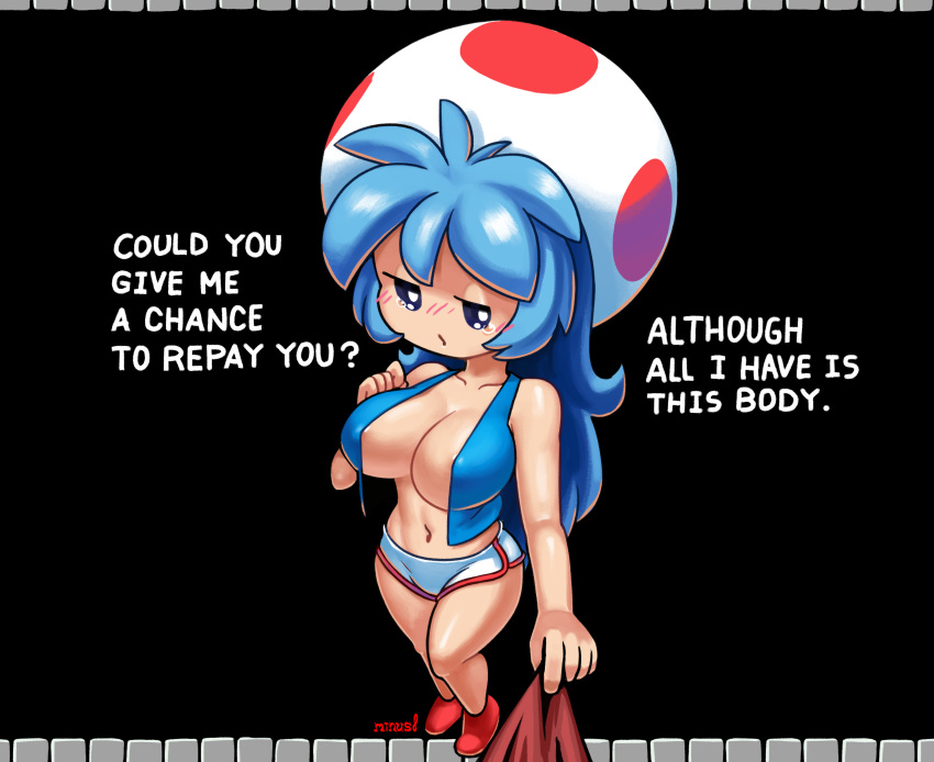 1boy 1girl absurdres blue_hair blue_vest breasts english_text gloves highres large_breasts long_hair mario mario_(series) micro_shorts minuspal navel overalls red_overalls shorts solo_focus super_mario_bros._1 toad_(mario) very_long_hair vest white_gloves white_shorts
