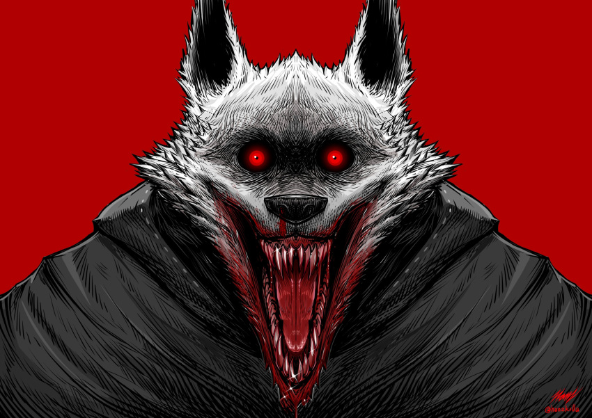 anthro black_cloak black_clothing black_nose blood blood_in_mouth bodily_fluids canid canine canis clothing creepy death_(puss_in_boots) dreamworks ear_tuft facial_tuft fangs fur glowing glowing_eyes hanzkilla hi_res looking_at_viewer male mammal nightmare_fuel open_mouth puss_in_boots_(film) puss_in_boots_the_last_wish red_background red_eyes sharp_teeth simple_background smile solo teeth tongue tuft white_body white_fur wolf