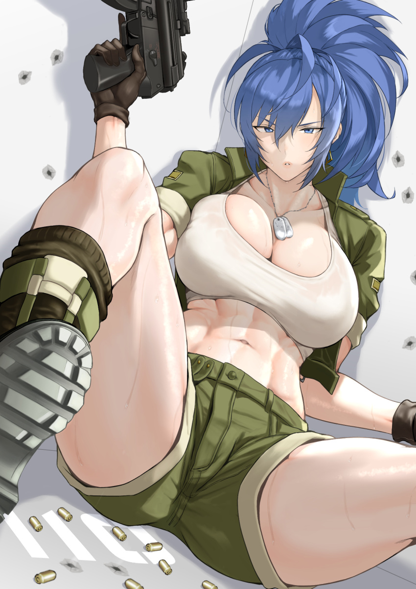 1girl abs anagumasan bangs black_gloves blue_eyes blue_hair breasts bullet_hole cleavage collarbone combat_knife dog_tags gloves green_jacket green_shorts gun h&amp;k_mp5k hair_between_eyes heckler_&amp;_koch highres jacket knife large_breasts leona_heidern looking_at_viewer midriff military military_uniform muscular muscular_female navel open_clothes open_jacket open_shirt parted_lips shadow shell_casing shorts sidelocks sitting solo stomach submachine_gun sweatdrop tank_top the_king_of_fighters the_king_of_fighters_xv uniform weapon