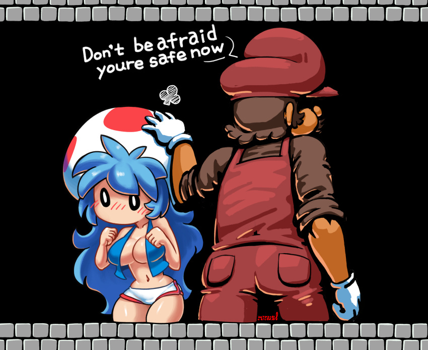 1boy 1girl absurdres blue_hair blue_vest breasts brown_hair brown_shirt english_text facial_hair gloves hand_on_another's_head hat headpat highres large_breasts long_hair mario mario_(series) micro_shorts minuspal mustache navel overalls red_headwear red_overalls shirt shorts super_mario_bros._1 toad_(mario) very_long_hair vest white_gloves white_shorts