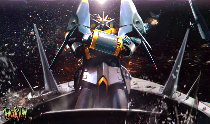 battle crossed_arms damaged debris english_commentary gunbuster gunbuster_pose horim looking_at_viewer mecha no_humans realistic robot science_fiction signature space spacecraft spoilers super_robot top_wo_nerae!