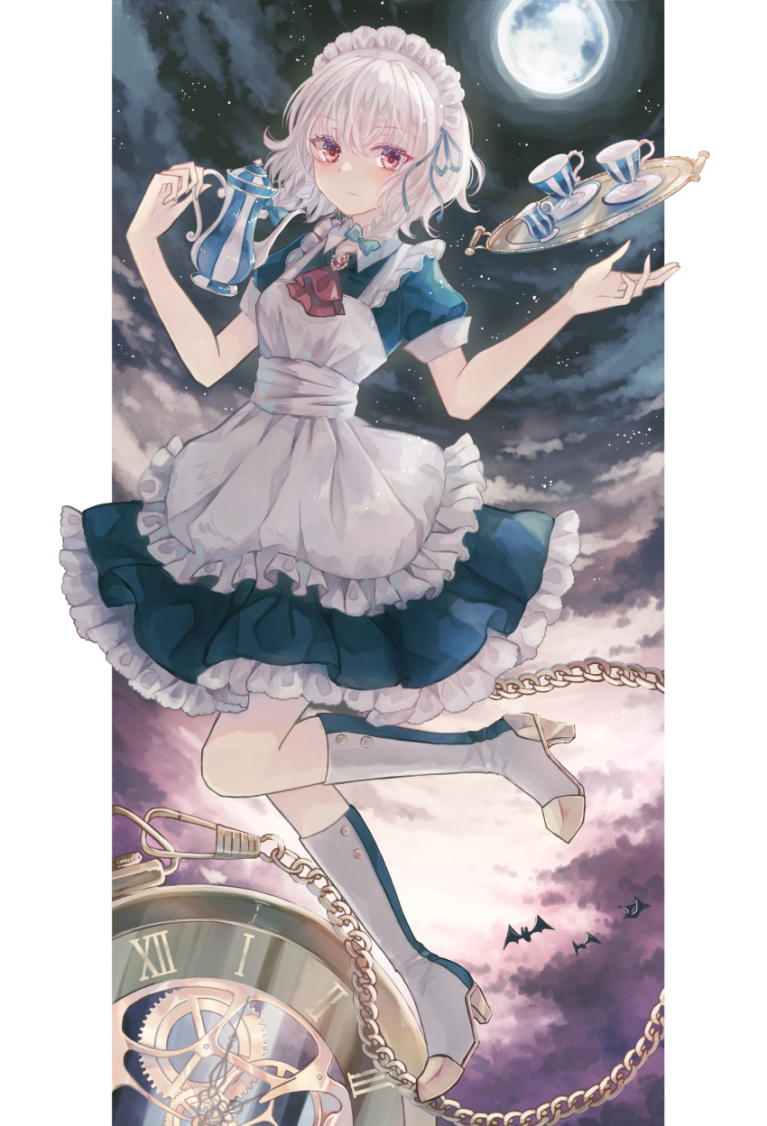 1girl absurdres apron ascot bangs bat_(animal) blue_dress blue_footwear boots brooch closed_mouth cloud commentary_request creamer_(vessel) cup dress frilled_apron frilled_skirt frills full_body full_moon high_heel_boots high_heels highres holding_kettle izayoi_sakuya jewelry knee_boots looking_at_viewer maid maid_apron maid_headdress medium_hair miyakure moon night pocket_watch red_ascot red_eyes roman_numeral saucer short_sleeves skirt solo tea_set teacup touhou tray two-tone_footwear watch white_apron white_footwear white_hair