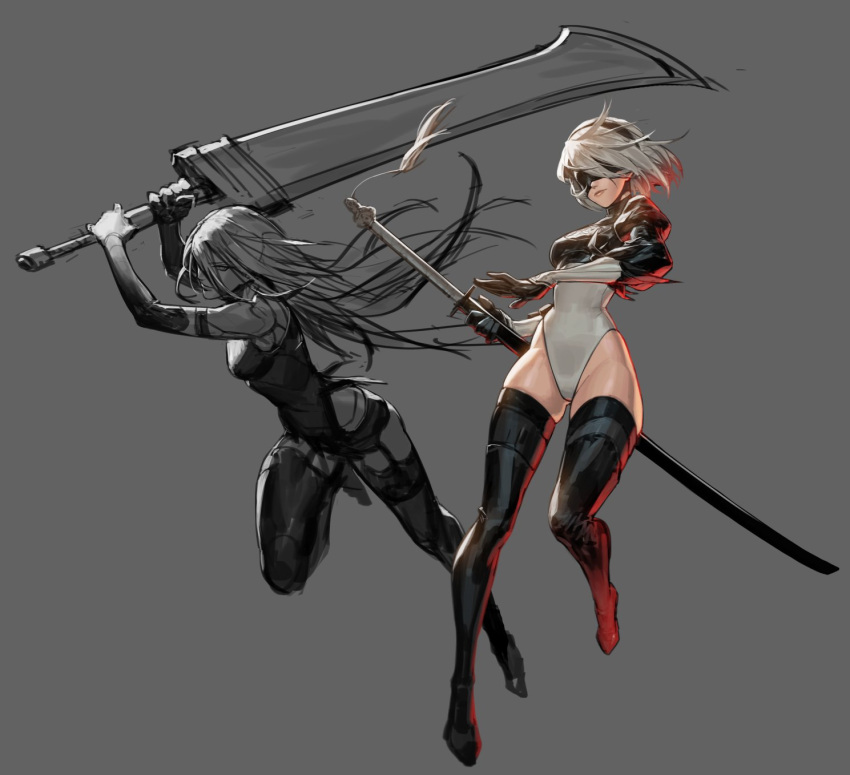 2girls armlet beastlord_(sword) black_blindfold black_gloves black_hairband black_shorts blindfold boots cleavage_cutout clothing_cutout commentary covered_eyes elbow_gloves feather-trimmed_sleeves gloves hairband haje highleg highleg_leotard highres holding holding_sword holding_weapon joints juliet_sleeves leotard long_hair long_sleeves multiple_girls nier_(series) nier_automata pink_lips puffy_sleeves robot_joints short_hair short_shorts shorts swinging sword tank_top thigh_boots thighhighs thighhighs_under_boots turtleneck turtleneck_leotard unfinished vambraces virtuous_contract weapon white_hair white_leotard yorha_no._2_type_b yorha_type_a_no._2