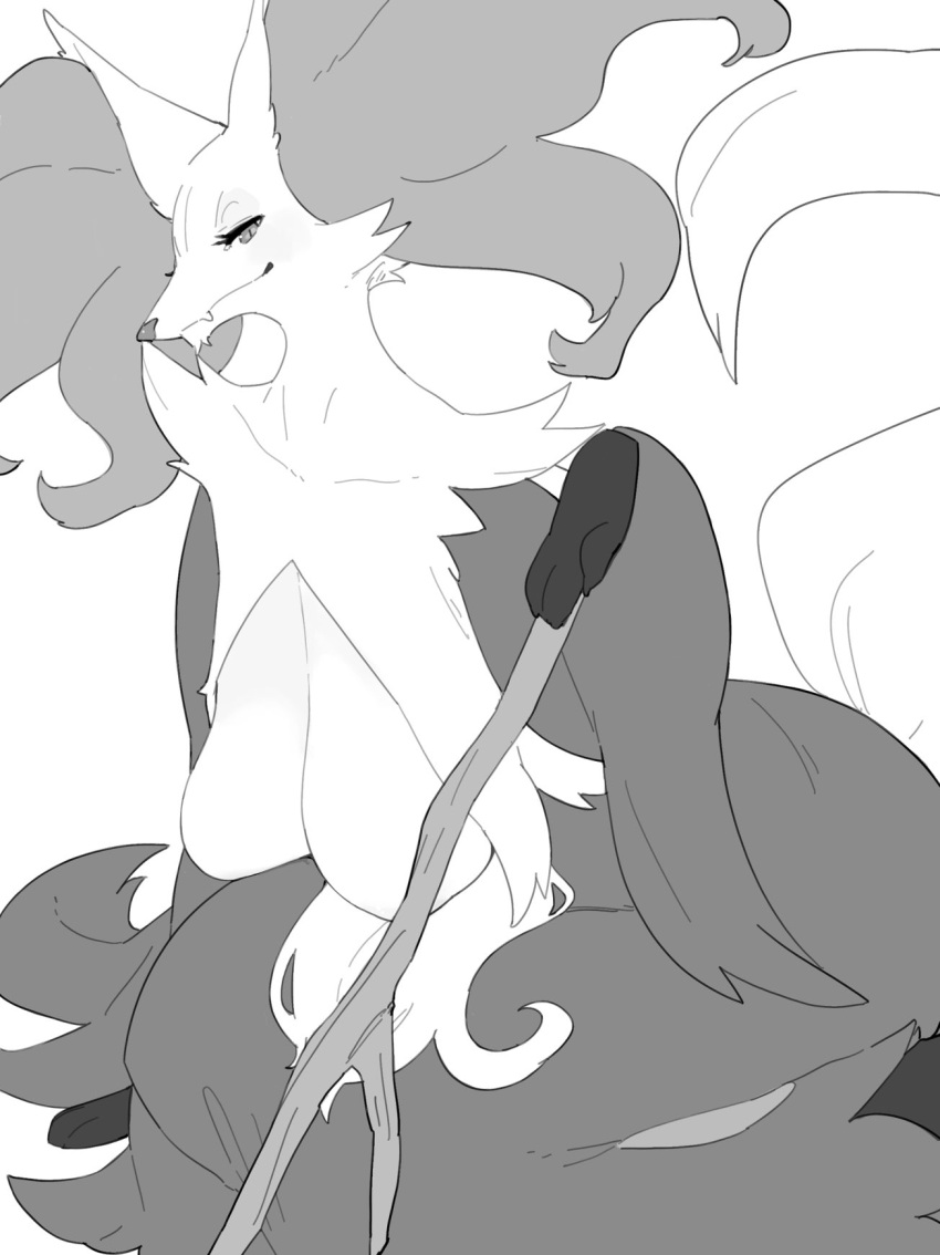 1girl animal_ear_fluff animal_ears animal_hands animal_nose arm_support blush body_fur breasts closed_mouth collarbone commentary_request delphox fang fox_ears fox_girl fox_tail furry furry_female greyscale half-closed_eyes hand_up highres holding holding_stick kame_(3t) large_breasts light_blush looking_at_viewer monochrome multicolored_fur pokemon pokemon_(creature) simple_background sitting sketch skin_fang snout solo stick tail white_background