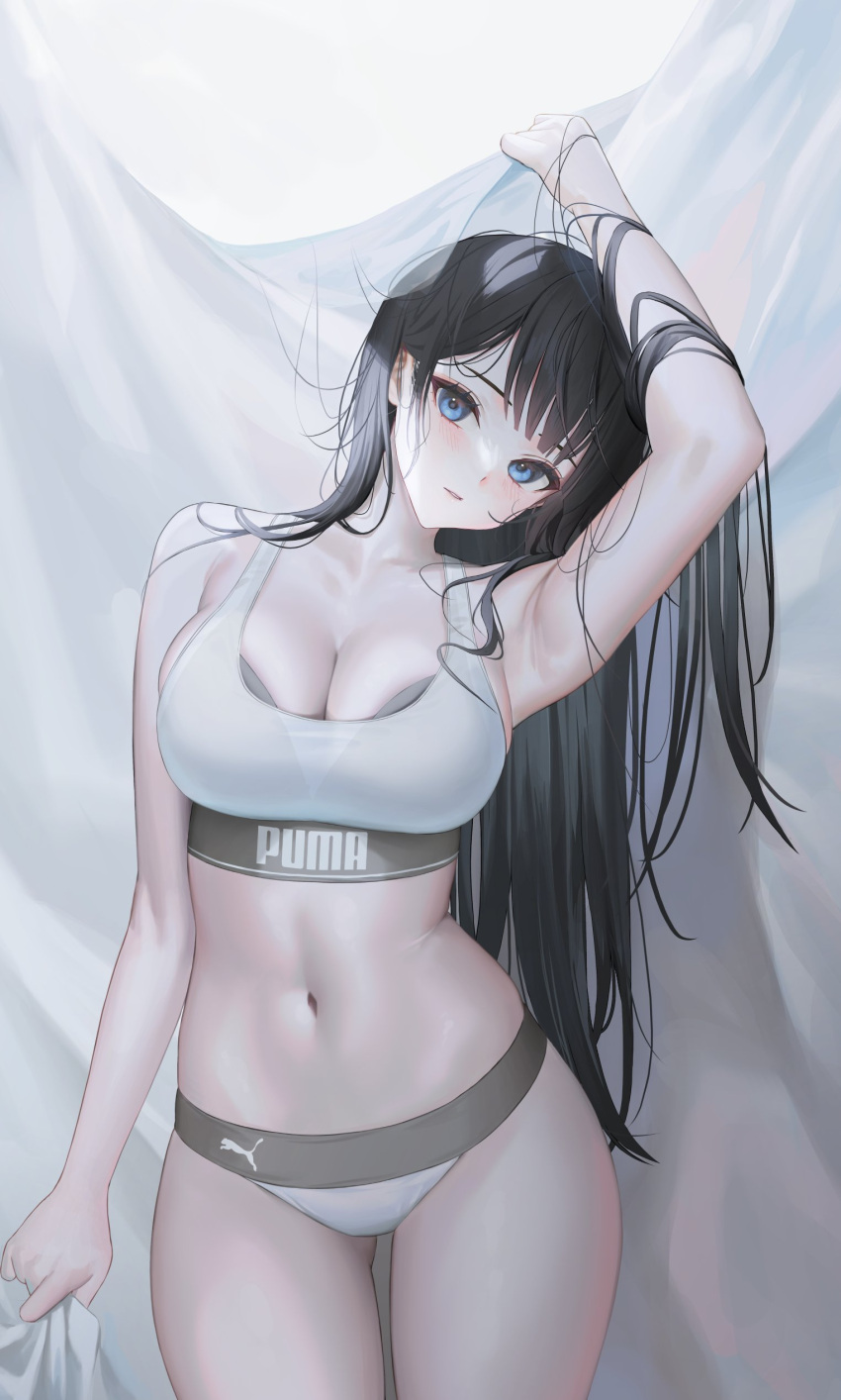 1girl absurdres arm_up armpits bangs bare_arms bare_shoulders black_hair blue_eyes blush breasts cleavage cowboy_shot highres large_breasts looking_at_viewer midriff navel original parted_lips puma_(brand) solo sports_bra sportswear stomach thighs tokkihouse white_sports_bra