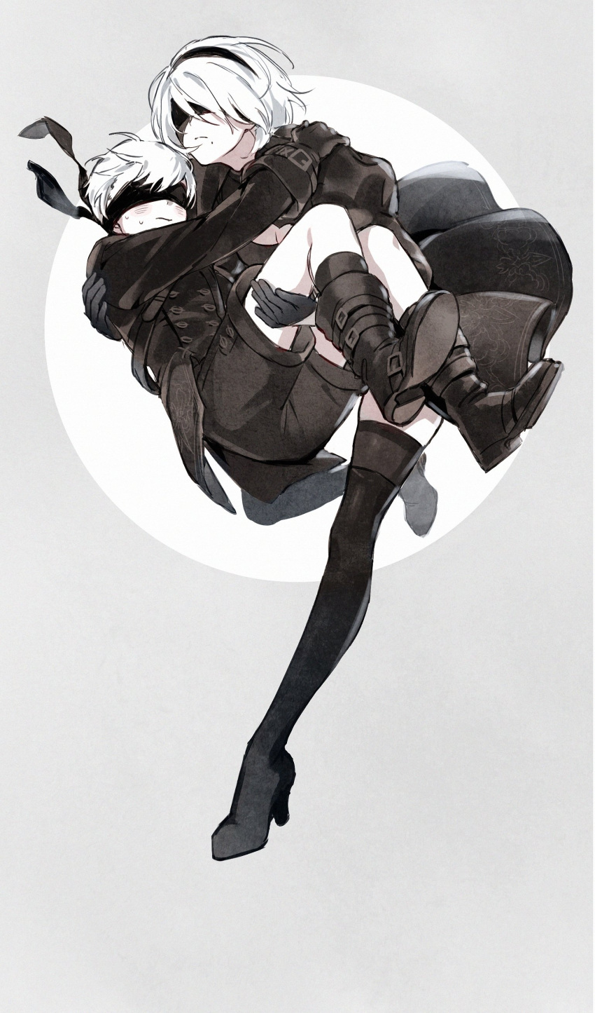1boy 1girl absurdres bangs black_blindfold black_dress black_gloves black_hairband black_shorts black_thighhighs blindfold boots breasts carrying choker clothing_cutout dress gloves grey_background hairband high_heels highres io_(sinking=carousel) long_sleeves medium_hair mole mole_under_mouth nier_(series) nier_automata princess_carry puffy_sleeves short_hair shorts thighhighs white_background white_hair yorha_no._2_type_b yorha_no._9_type_s