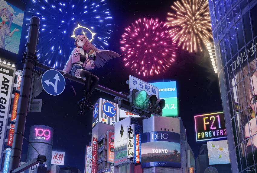 3girls ad aerial_fireworks billboard boots breasts brown_hair building burger choker city city_lights cleavage crop_top earrings eating fireworks fishnets food halo hat highres jacket jewelry long_hair long_sleeves looking_to_the_side multiple_girls night night_sky nyamunyamu original outdoors pantyhose product_placement real_world_location scenery shibuya_(tokyo) shibuya_109 sign sitting sky solo space star_(sky) starry_sky tokyo_(city) traffic_light twintails