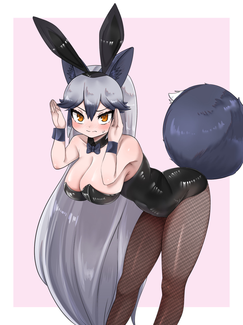 1girl animal_ears aramaru black_bow black_bowtie black_leotard blush bow bowtie breasts bunny_pose covered_navel detached_collar extra_ears fake_animal_ears fake_tail fishnet_pantyhose fishnets fox_ears fox_tail hanging_breasts high_heels highres kemono_friends large_breasts leotard long_hair looking_at_viewer orange_eyes pantyhose playboy_bunny rabbit_ears rabbit_tail silver_fox_(kemono_friends) solo strapless strapless_leotard tail very_long_hair wrist_cuffs