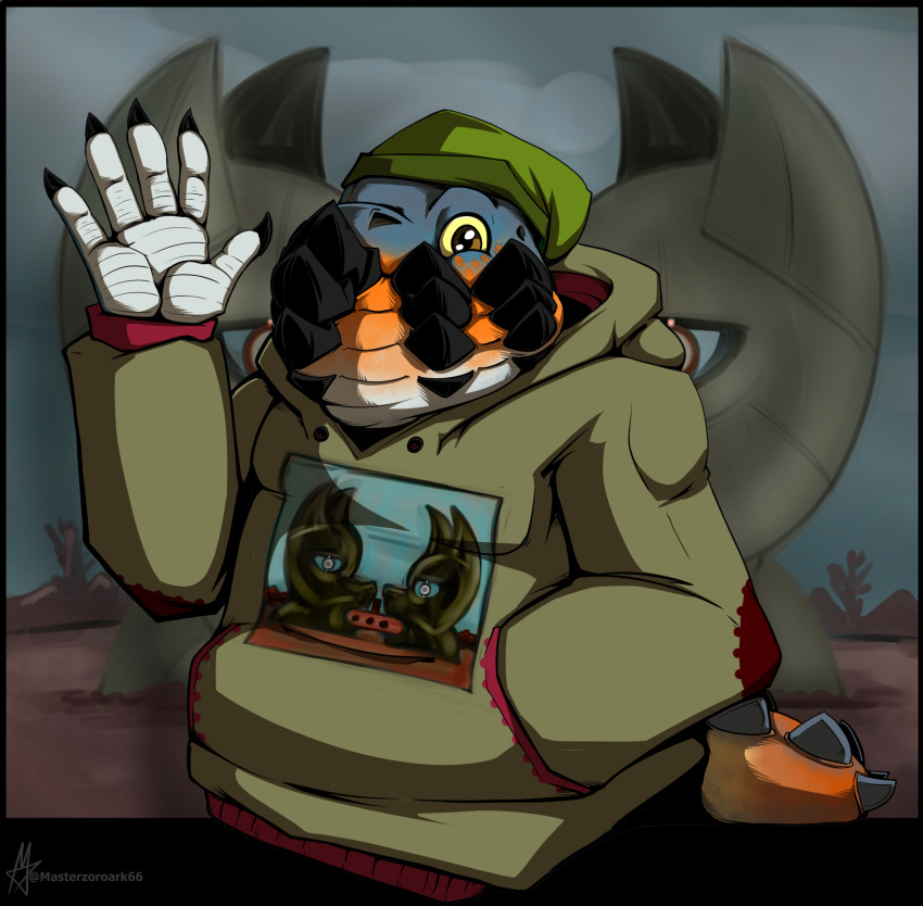 album_cover anthro_dodogama band_hoodie beanie big_(disambiguation) capcom chin chin_lizard chonky clothing cover division_bells dodogama fanged_wyvern gesture hat headgear headwear hi_res hoodie invalid_background lizard masterzoroark666 monster_hunter pink_floyd reptile scalie topwear wave waving