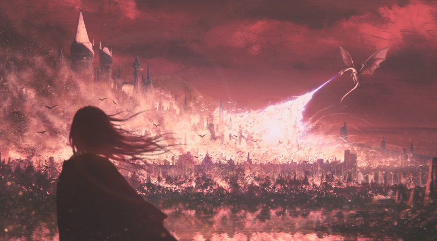 1girl absurdres breathing_fire castle cityscape cloud cloudy_sky dragon fantasy fatalis fire flying from_behind highres lens_flare long_hair monster_hunter_(series) outdoors red_theme sky smoke solo tower valky_uniguri wall wind wings