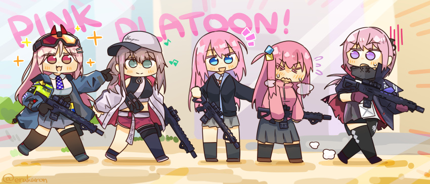 &gt;_&lt; 5girls absurdres ammunition_pouch angled_foregrip annoyed aqua_eyes ar-15 ar-57_(girls'_frontline) asymmetrical_legwear bangs baseball_cap belt black_sweater black_tank_top blush bocchi_the_rock! breasts building checkered_necktie closed_eyes color_connection commission crop_top crossover cube_hair_ornament dust_cloud eyewear_on_head girls'_frontline gloves gotou_hitori grey_skirt gun hair_color_connection hair_ornament hairclip happy hat highres holding holding_weapon jacket kawaii_dake_ja_nai_shikimori-san lcron long_hair long_sleeves mask mouth_mask multiple_crossover multiple_girls musical_note necktie non-web_source one_side_up open_clothes open_jacket open_mouth pink_hair pink_jacket pink_shorts pixiv_commission pointing pointing_forward police ponytail pouch purple_eyes red_eyes rifle scope shikimori_(kawaii_dake_ja_nai) shorts side_ponytail sig_mcx_(girls'_frontline) single_thighhigh skirt smile sparkle st_ar-15_(girls'_frontline) standing steaming_body suppressor sweat sweater tank_top thighhighs track_jacket trigger_discipline twitter_username walking weapon white_headwear white_jacket
