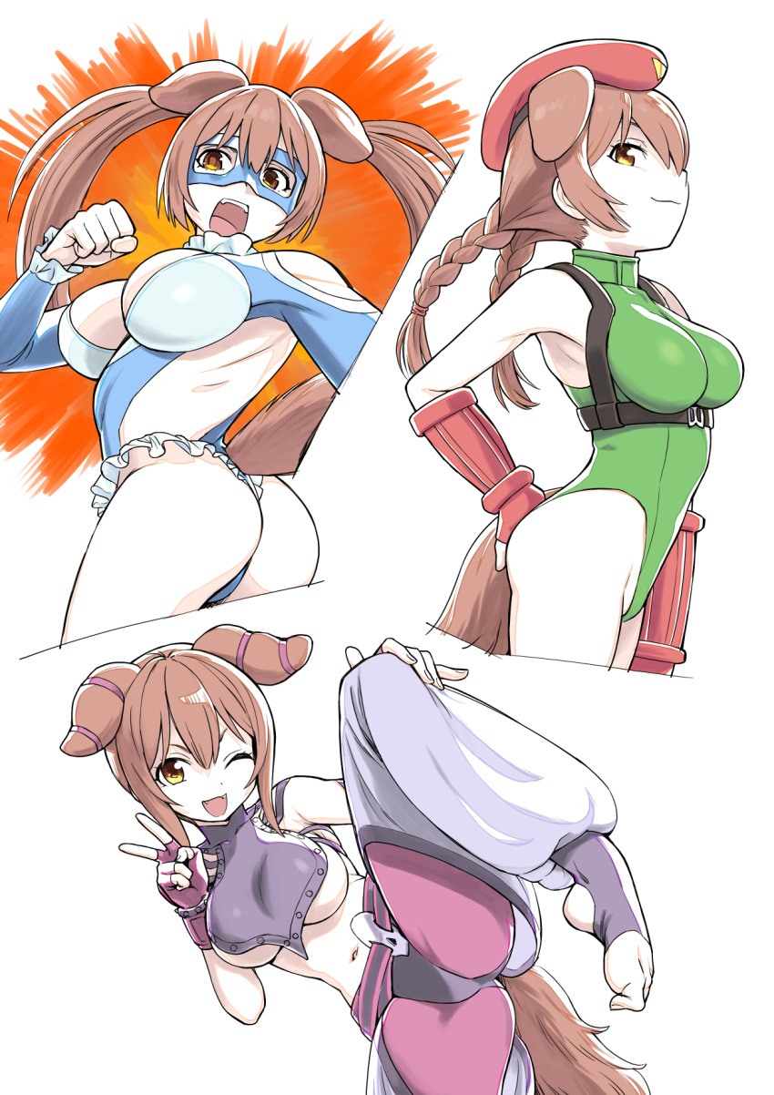 1girl :3 :d animal_ears armpits ass bare_shoulders braid breast_curtain breasts cammy_white cammy_white_(cosplay) closed_mouth cosplay dog_ears dog_tags fangs fighting_stance fingerless_gloves gloves green_leotard han_juri han_juri_(cosplay) hat highres inugami_korone large_breasts leotard long_hair looking_at_viewer multiple_views navel one_eye_closed open_mouth rainbow_mika rainbow_mika_(cosplay) red_gloves red_headwear sabaku_chitai smile smug standing standing_on_one_leg stirrup_legwear street_fighter street_fighter_6 toeless_legwear twin_braids twintails v yellow_eyes