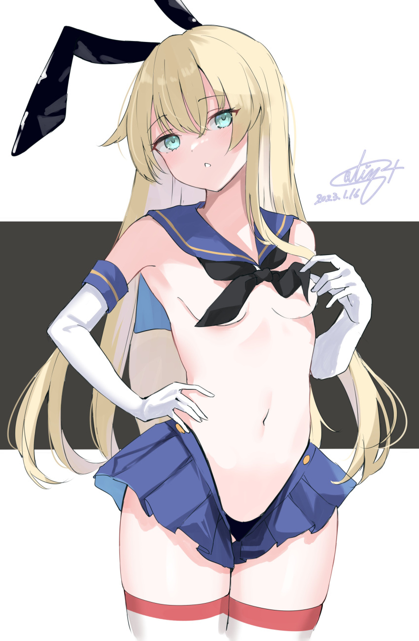 1girl absurdres adapted_costume bad_anatomy black_neckerchief blonde_hair blue_sailor_collar blue_skirt blush breasts calin cowboy_shot cropped_legs elbow_gloves gloves green_eyes highres kantai_collection long_hair miniskirt navel neckerchief one-hour_drawing_challenge open_mouth pleated_skirt sailor_collar shimakaze_(kancolle) skirt small_breasts solo striped striped_thighhighs thighhighs white_gloves