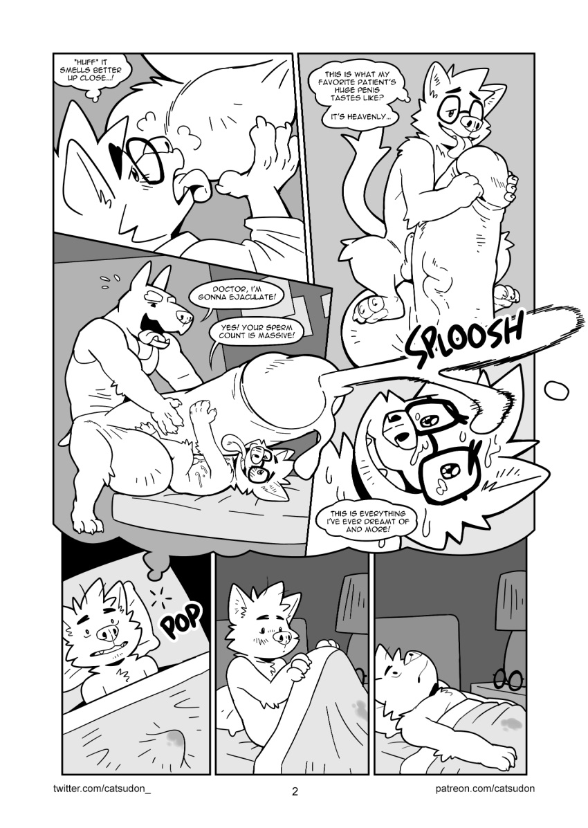 anthro ball_lick balls bed big_penis blush canid canine catsudon comic dialogue doctor dream duo ejaculation english_text erection eyewear furniture genitals glasses hi_res huge_penis hyper hyper_genitalia hyper_penis licking male male/male mammal monochrome muscular oral penile penis penis_lick sex sniffing text tongue tongue_out vein veiny_penis wet_dream