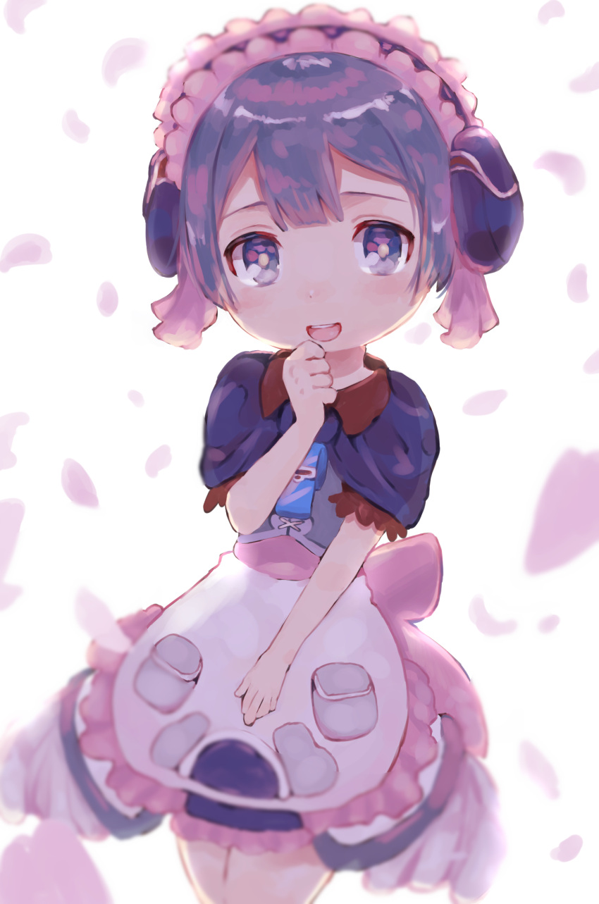1boy apron blue_eyes blue_hair blush child clenched_hand crossdressing dress falling_petals highres made_in_abyss maid_apron maid_headdress male_child maruruk open_mouth otoko_no_ko petals short_hair simple_background sparkling_eyes suicchonsuisui white_background