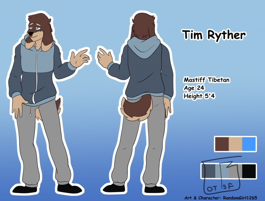 anthro blue_background blue_eyes bottomwear brown_body brown_fur canid canine canis character_name clothing color_swatch domestic_dog front_and_back fur grey_bottomwear grey_clothing grey_pants hoodie male mammal mastiff model_sheet molosser pants raised_hand randomgirl1265 simple_background solo standing tail tim_(randomgirl1265) tim_ryther topwear two-tone_tail