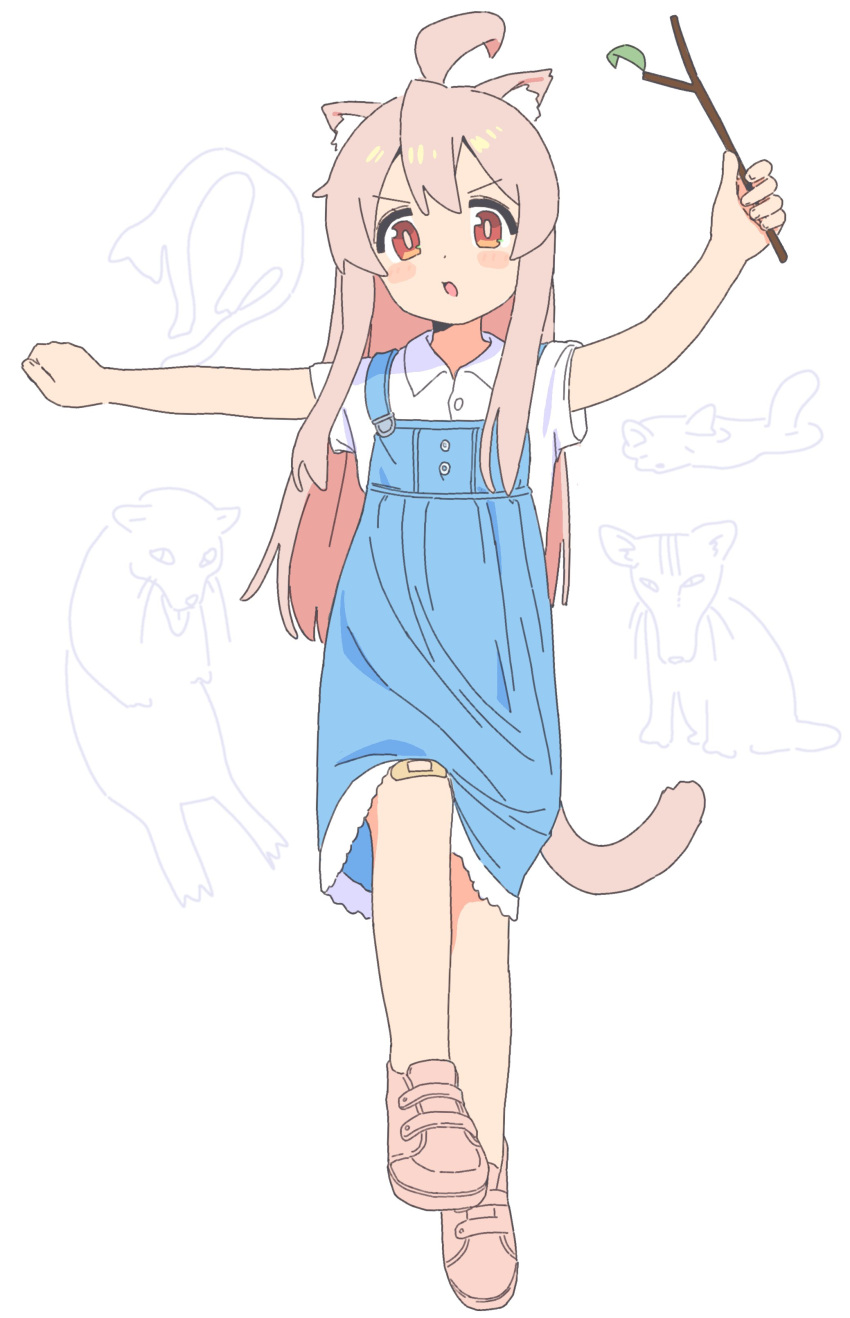 1girl absurdres animal animal_ear_fluff animal_ears bandaid bandaid_on_knee bandaid_on_leg bangs branch cat_ears cat_tail commentary_request dress highres holding holding_branch jiryu50610218 long_hair onii-chan_wa_oshimai orange_eyes oyama_mahiro parted_lips pink_footwear pink_hair shoes short_sleeves simple_background solo tail white_background