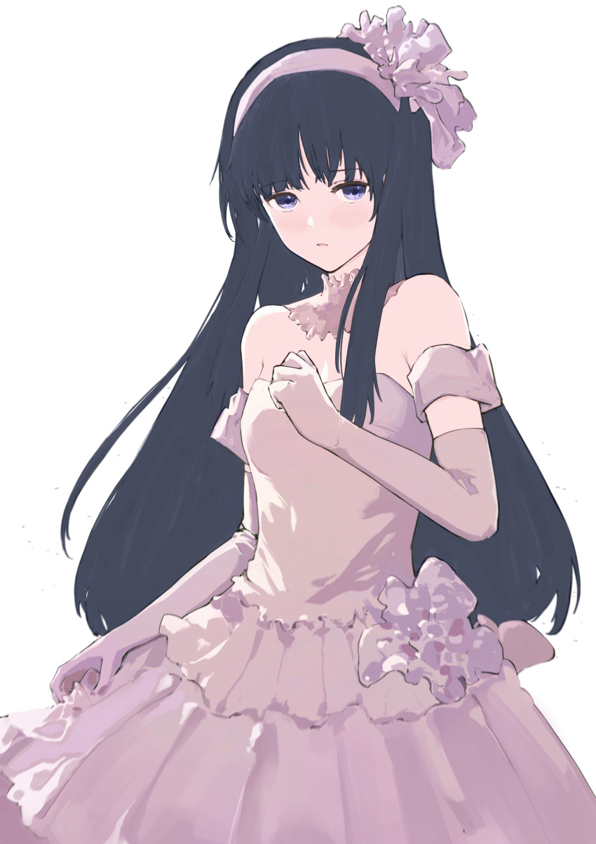 1girl 900p absurdres bangs black_hair blue_eyes bride dress elbow_gloves gloves hair_ornament highres long_hair touma_kazusa wedding wedding_dress white_album_2 white_dress