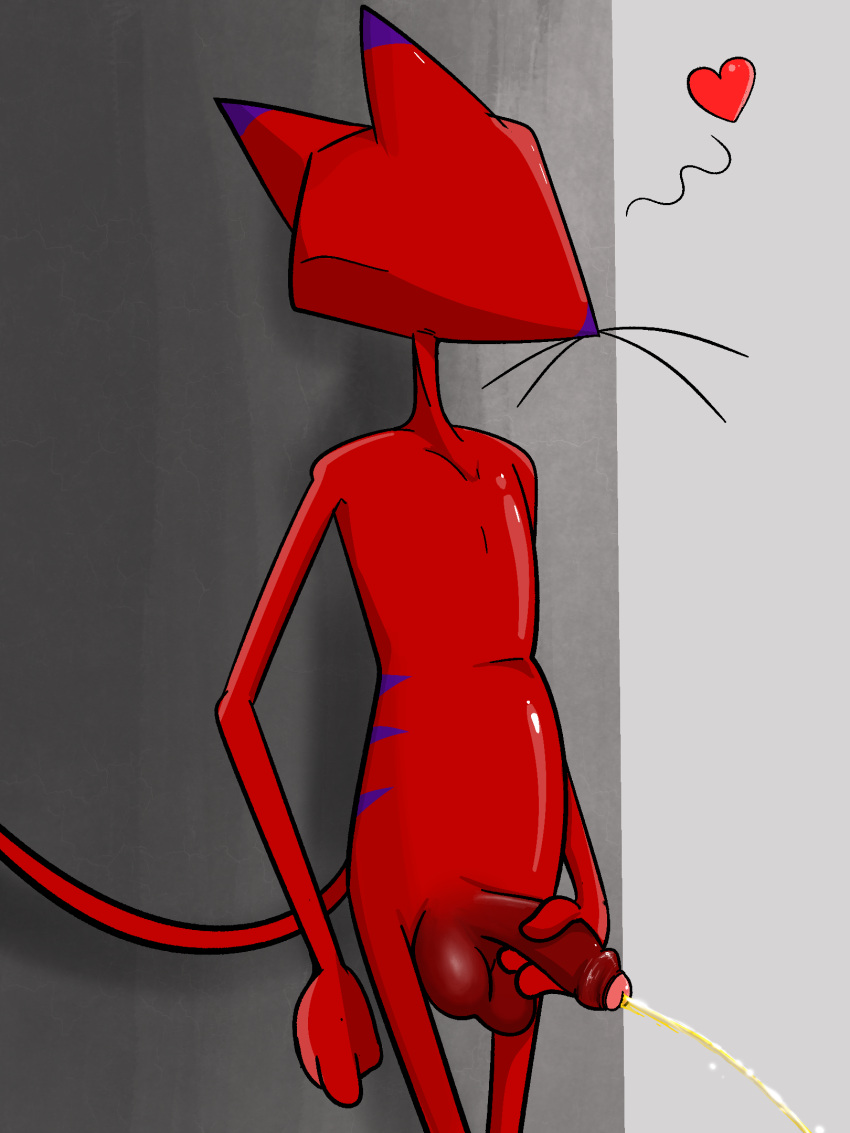 &lt;3 anthro balls big_penis bodily_fluids cartoon_network courage_the_cowardly_dog domestic_cat felid feline felis foreskin genital_fluids genitals hi_res holding_penis illegaleel katz_(courage_the_cowardly_dog) looking_away male mammal peeing penis solo urine urine_stream