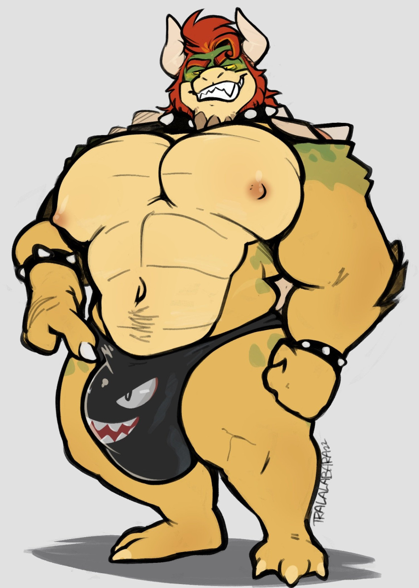 2023 abs anthro barazoku barefoot bedroom_eyes biceps big_bulge big_muscles big_pecs bowser bracelet bulge claws clothed clothing collar eyebrows feet grey_background hair haps hi_res horn huge_bulge huge_muscles huge_pecs huge_thighs jewelry koopa looking_at_viewer male mario_bros muscular muscular_anthro muscular_male narrowed_eyes navel nintendo nipples non-mammal_nipples pecs plantigrade scalie seductive shadow shell signature simple_background smile smirk solo spiked_bracelet spiked_collar spiked_shell spikes spikes_(anatomy) standing teeth thick_thighs thong topless topless_anthro topless_male underwear