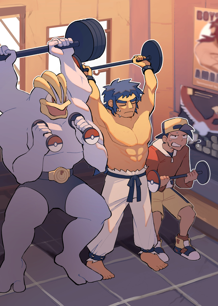 2boys abs absurdres arms_up backwards_hat barbell belt black_belt black_hair bruno_(pokemon) commentary dumbbell ethan_(pokemon) flying_sweatdrops hat highres holding indoors jacket long_sleeves machamp male_focus milaza multiple_boys muscular muscular_male outline pants poke_ball_print pokemon pokemon_(creature) pokemon_(game) pokemon_gsc red_jacket shoes short_hair shorts squatting standing symbol-only_commentary topless_male white_footwear white_pants yellow_shorts