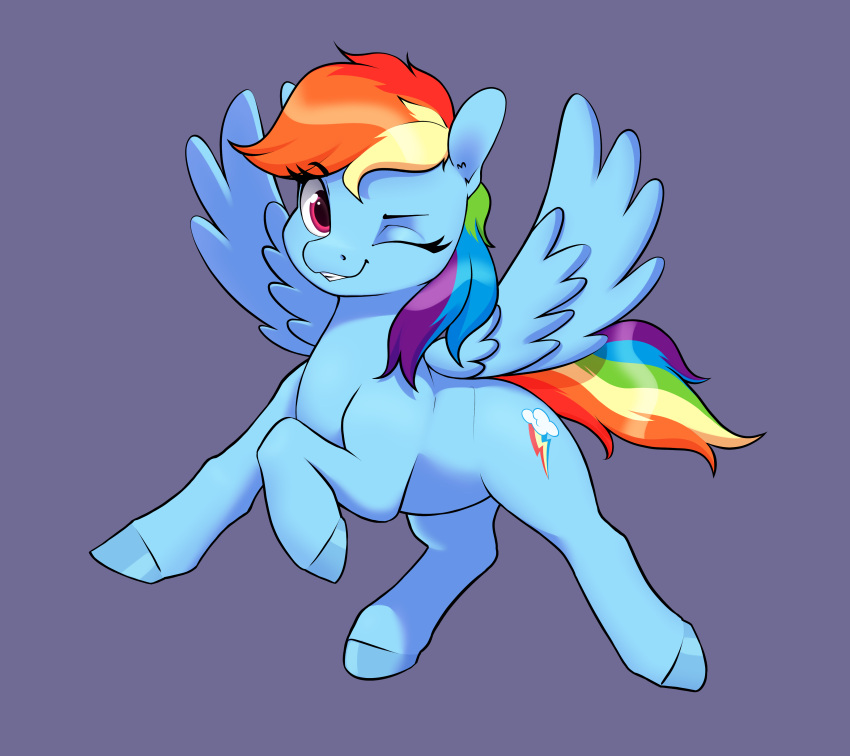 absurd_res aquaticvibes blue_background blue_body blue_feathers blue_hooves cutie_mark equid equine eyelashes feathered_wings feathers female feral fetlocks friendship_is_magic hair hasbro hi_res hooves mammal multicolored_hair multicolored_tail my_little_pony one_eye_closed pegasus pink_eyes rainbow_dash_(mlp) rainbow_hair rainbow_tail simple_background smile solo spread_wings tail teeth wings wink