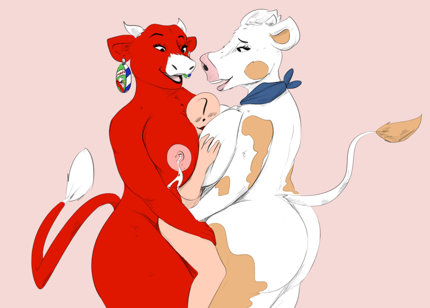 anthro big_breasts bovid bovine breasts brown_fur cattle color_edit colored doctordj edit female fur group group_sex hug huge_breasts human human_on_anthro interspecies lactating mammal milk nipples red_fur scarf sex the_laughing_cow threesome