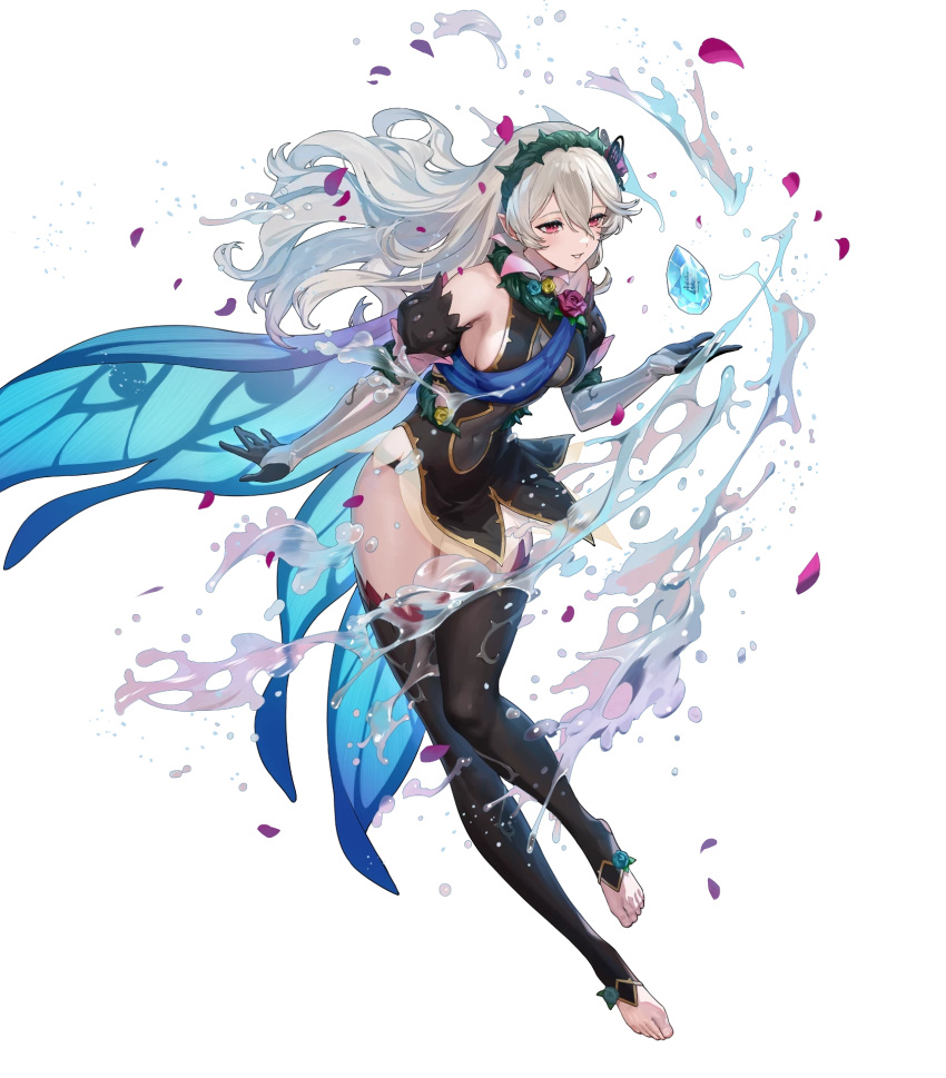 1girl bangs bare_shoulders breasts cape corrin_(female)_(fire_emblem) corrin_(fire_emblem) dress ekao elbow_gloves fire_emblem fire_emblem_fates fire_emblem_heroes full_body gloves gradient_clothes hair_ornament hairband highres long_hair medium_breasts non-web_source official_art red_eyes see-through short_dress sleeveless sleeveless_dress solo thighhighs thighs thorns toeless_legwear toes transparent_background white_hair