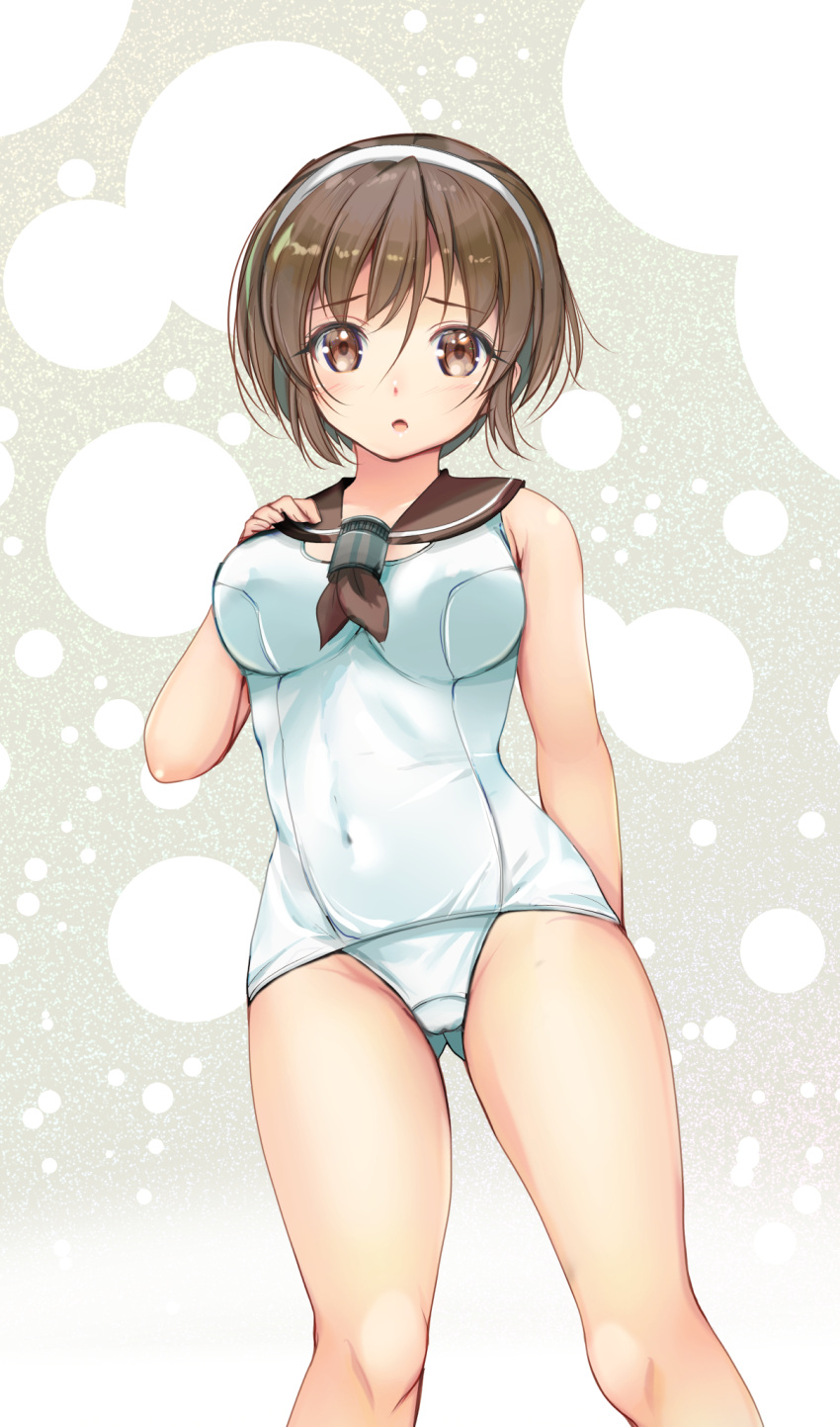 1girl adapted_costume ass_visible_through_thighs blush breasts brown_eyes brown_hair brown_sailor_collar cowboy_shot gradient_background grey_background hairband hand_on_own_chest highres kantai_collection looking_at_viewer medium_breasts natori_(kancolle) one-piece_swimsuit open_mouth playboy_bunny sailor_collar short_hair solo swimsuit white_hairband white_one-piece_swimsuit yashin_(yasinz)
