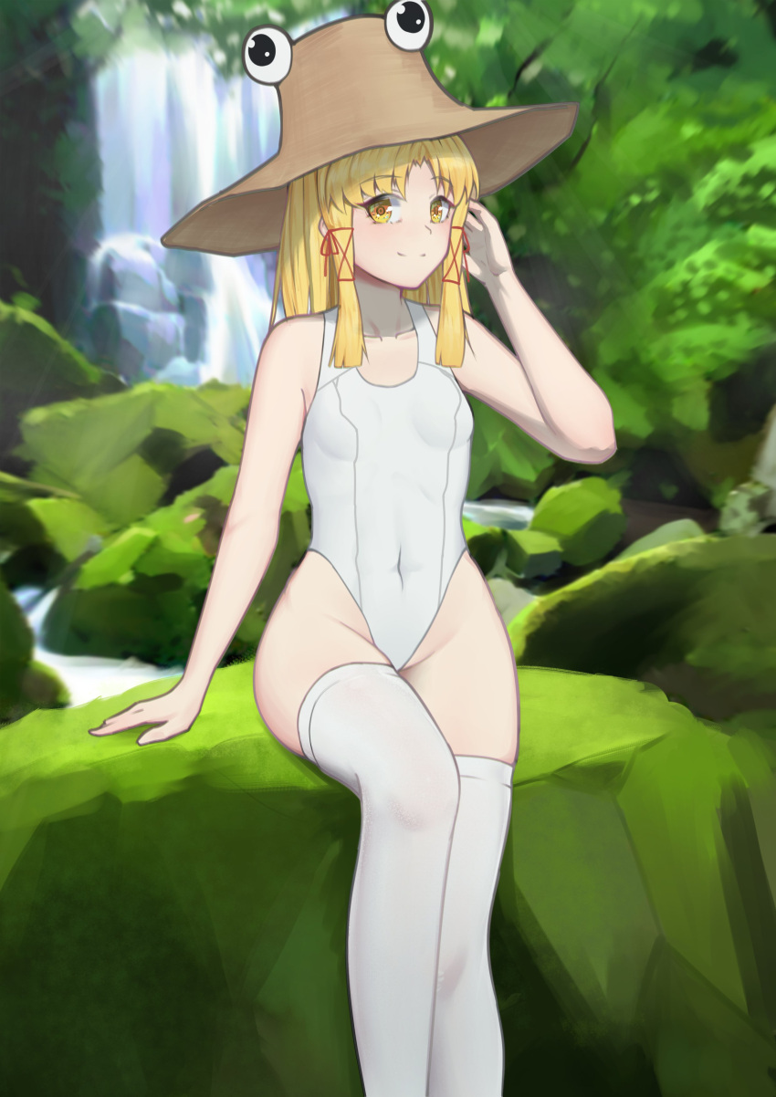 1girl absurdres bangs bare_arms bare_hips bare_shoulders blonde_hair blunt_ends breasts collarbone commentary feet_out_of_frame forest full_body hair_ribbon hand_on_own_head hand_up hat highres littiecy looking_at_viewer medium_hair moriya_suwako moss nature one-piece_swimsuit parted_bangs red_ribbon ribbon river rock sidelocks sitting sitting_on_rock small_breasts smile solo swimsuit symbol-only_commentary thighhighs touhou water waterfall white_one-piece_swimsuit white_thighhighs yellow_eyes