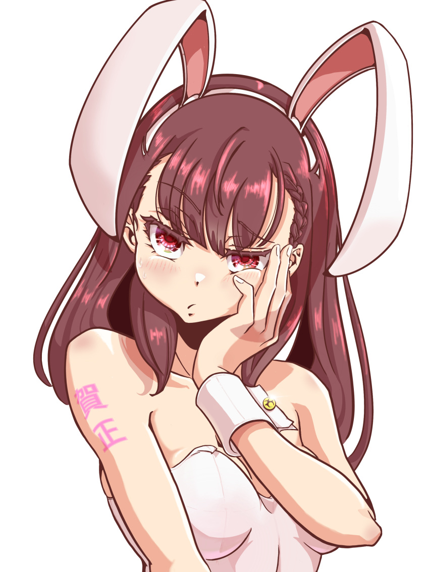 1girl absurdres animal_ears bangs bare_shoulders braid braided_bangs breasts brown_hair chinese_zodiac closed_mouth commentary_request fake_animal_ears frown half-closed_eyes highres leotard long_hair looking_at_viewer medium_breasts new_year partial_commentary playboy_bunny poshi_nemiiyo rabbit_ears red_eyes shiraishi_yuzuki shoulder_tattoo simple_background solo sora_yori_mo_tooi_basho strapless strapless_leotard tattoo translated upper_body white_background white_leotard wrist_cuffs year_of_the_rabbit