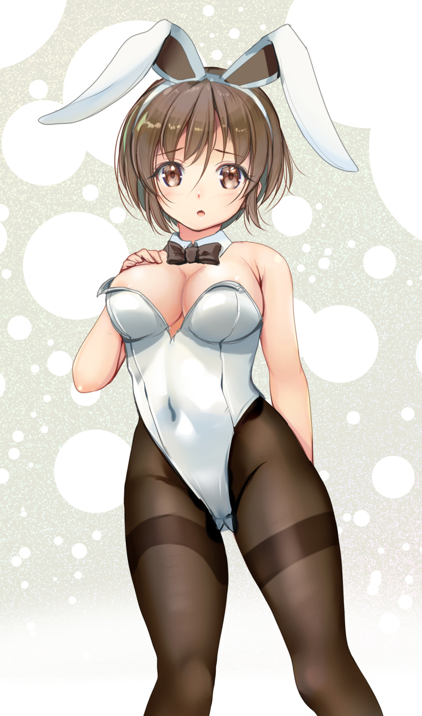 1girl adapted_costume animal_ears ass_visible_through_thighs blush bow bowtie breasts brown_eyes brown_hair brown_pantyhose covered_navel cowboy_shot detached_collar fake_animal_ears gradient_background grey_background highres kantai_collection leotard looking_at_viewer medium_breasts natori_(kancolle) open_mouth pantyhose playboy_bunny rabbit_ears solo strapless strapless_leotard traditional_bowtie white_leotard wrist_cuffs yashin_(yasinz)