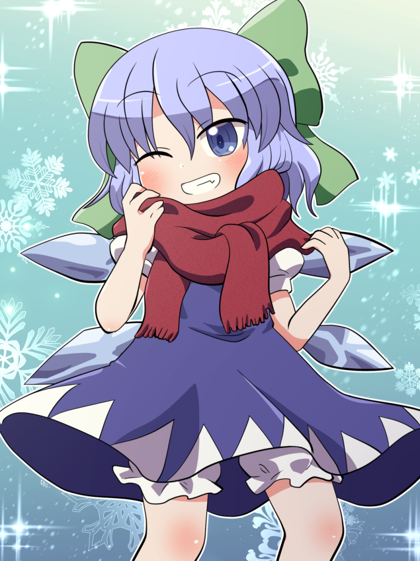 1girl bloomers blue_bow blue_dress blue_eyes blue_hair blush bow cirno dress fairy feet_out_of_frame fringe_trim grin hair_between_eyes hair_bow highres ice ice_wings one_eye_closed puffy_short_sleeves puffy_sleeves red_scarf rokugou_daisuke scarf shirt short_hair short_sleeves smile solo sparkle touhou underwear white_bloomers white_shirt wings