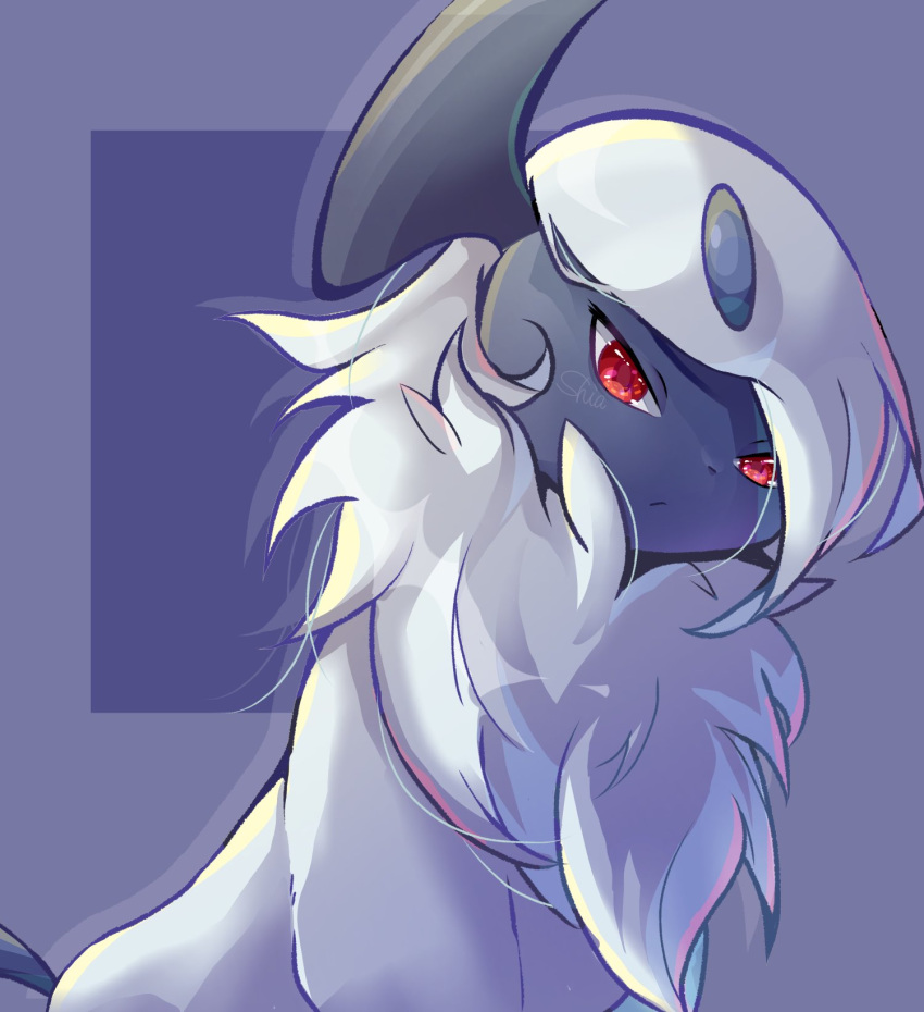 absol animal_focus artist_name closed_mouth commentary drop_shadow fur_collar highres looking_at_viewer no_humans pokemon pokemon_(creature) purple_background red_eyes shia_(shi12_poke) short_hair sidelocks signature simple_background solo upper_body white_hair