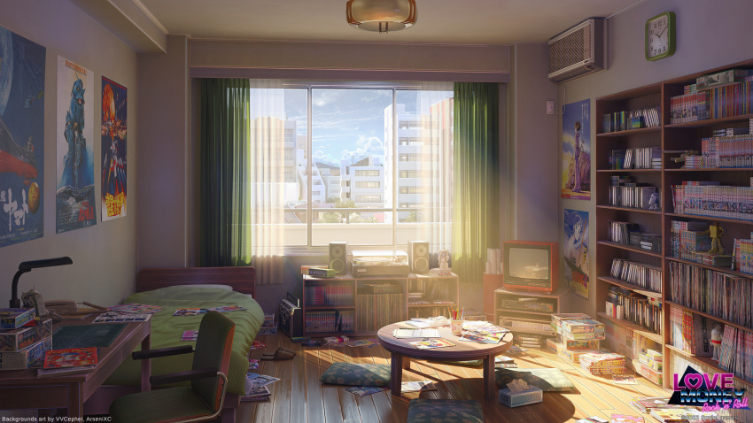 air_conditioner arsenixc bed book bookshelf building chair clock cloud curtains cushion highres indoors love_money_rock'n'roll manga_(object) no_humans phone poster_(object) scenery slippers table tagme television tissue_box window wooden_floor zabuton