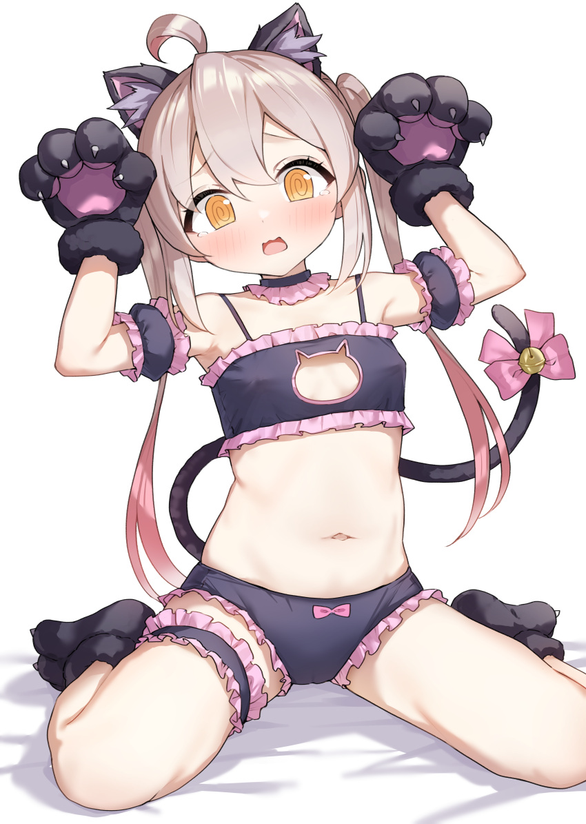 1girl @_@ absurdres ahoge animal_ear_fluff animal_ears animal_hands armlet armpits bangs bell black_bra black_panties blush bow bow_panties bra breasts brown_eyes cat_cutout cat_ears cat_lingerie cat_paws cat_tail choker cleavage_cutout clothing_cutout covered_nipples fake_animal_ears flat_chest frilled_bra frilled_garter frills gloves gradient_hair hair_between_eyes highres jingle_bell long_hair looking_at_viewer meme_attire multicolored_hair navel onii-chan_wa_oshimai open_mouth oyama_mahiro panties paw_gloves paw_pose paw_shoes pink_hair sitting small_breasts solo tail takenoko_no_you tears twintails two-tone_hair underwear underwear_only wariza white_hair