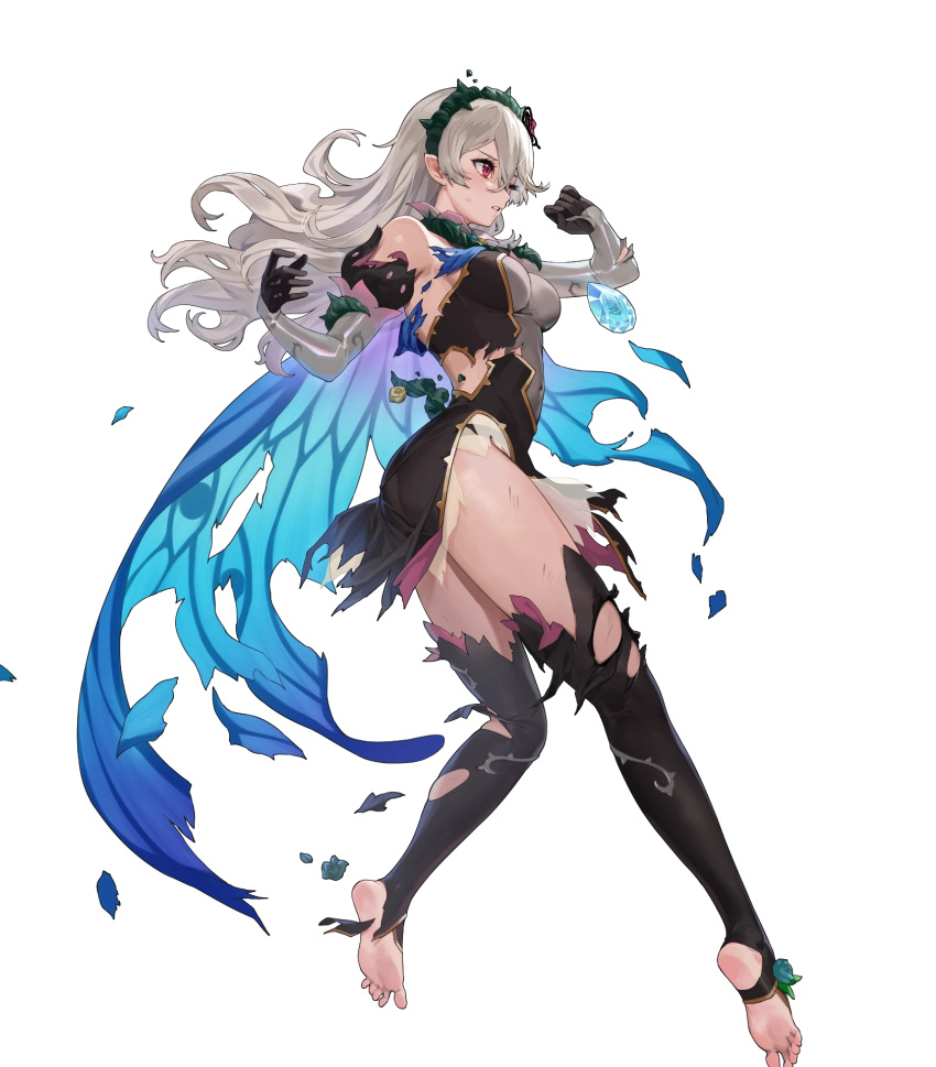 1girl bangs bare_shoulders breasts cape corrin_(female)_(fire_emblem) corrin_(fire_emblem) dress ekao elbow_gloves fire_emblem fire_emblem_fates fire_emblem_heroes full_body gloves gradient_clothes hair_ornament hairband highres long_hair medium_breasts non-web_source official_art red_eyes see-through short_dress sleeveless sleeveless_dress solo thighhighs thighs thorns toeless_legwear toes transparent_background white_hair