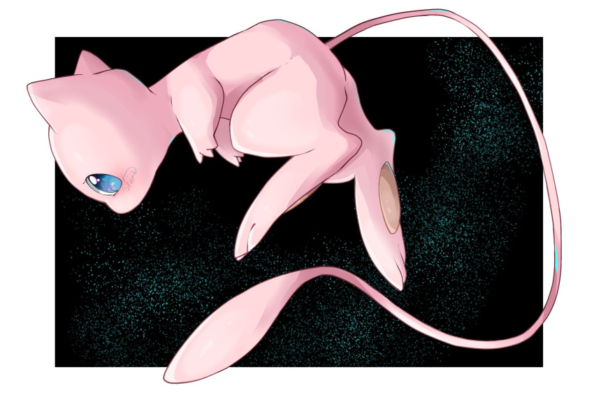 animal_focus artist_name black_background blue_eyes blush border commentary floating from_side full_body highres leaning_forward looking_at_viewer mew no_humans outside_border pawpads pokemon pokemon_(creature) shia_(shi12_poke) signature simple_background solo white_border