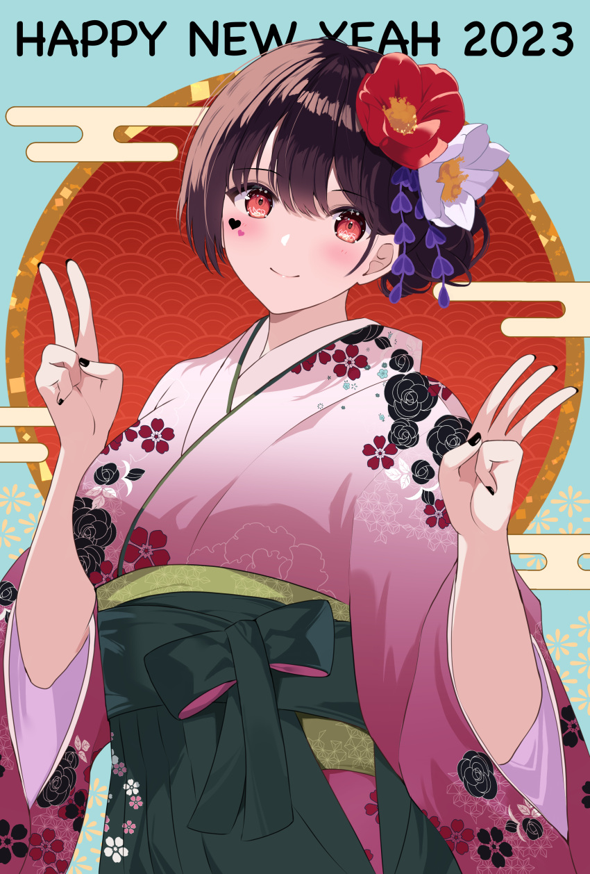 1girl 2023 absurdres asa_no_ha_(pattern) background_text bangs black_hair black_hakama egasumi english_text flag_background floral_print flower furisode hair_flower hair_ornament hakama happy_new_year highres japanese_clothes japanese_flag kimono light_blush new_year obi original pink_kimono print_kimono red_eyes rererere_mon sash seigaiha short_hair solo v w w_arms