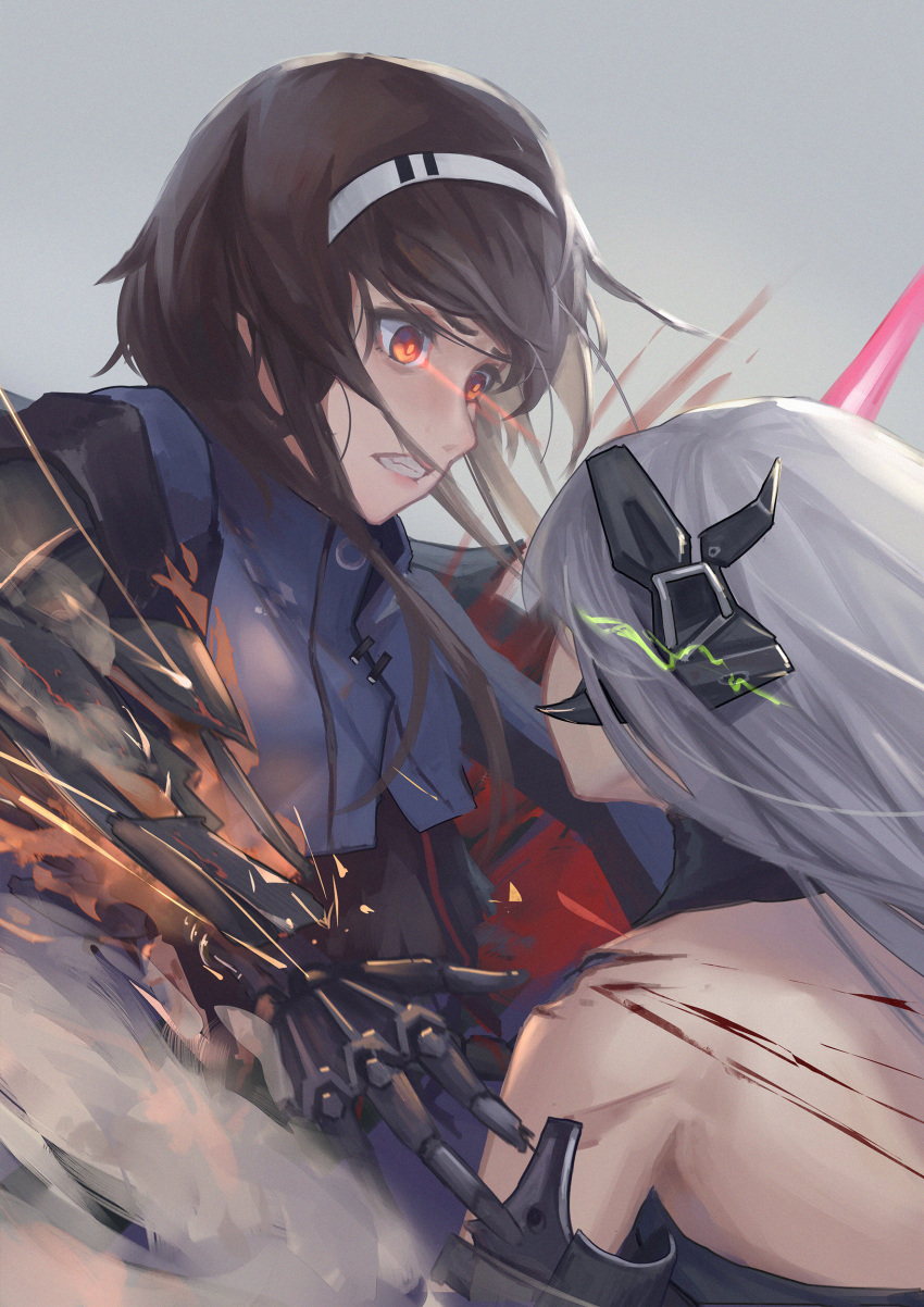2girls absurdres android bare_shoulders blood brown_hair commentary_request fighting gager_(girls'_frontline) girls'_frontline grey_background hair_ornament hairband highres mechanical_arms multiple_girls red_eyes short_hair_with_long_locks single_mechanical_arm tagme type_79_(girls'_frontline) white_hair xyufsky