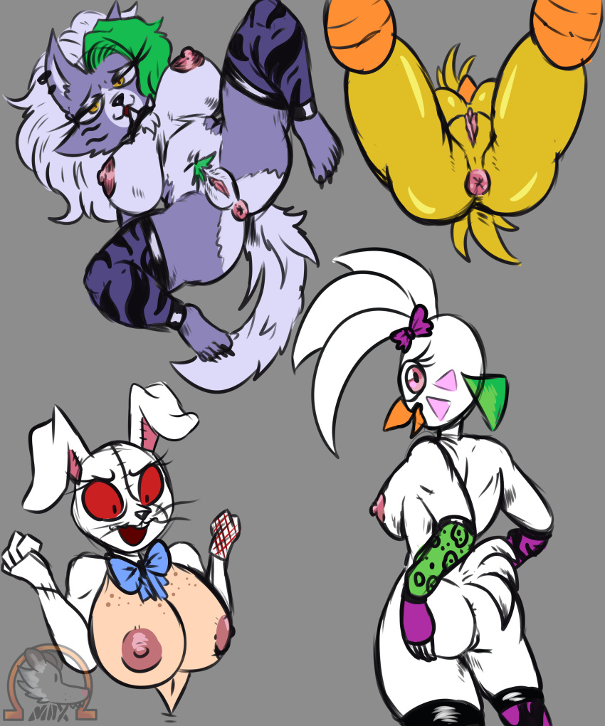 absurd_res anthro anus avian bird canid canine canis chicken female female/female five_nights_at_freddy's five_nights_at_freddy's:_security_breach five_nights_at_freddy's_2 galliform gallus_(genus) genitals glamrock_chica_(fnaf) group hi_res human lagomorph leporid mammal nipples omegamax phasianid pink_eyes pink_nipples pussy rabbit roxanne_wolf_(fnaf) scottgames toy_chica_(fnaf) vanessa_(fnaf) vanny_(fnaf) wolf yellow_eyes