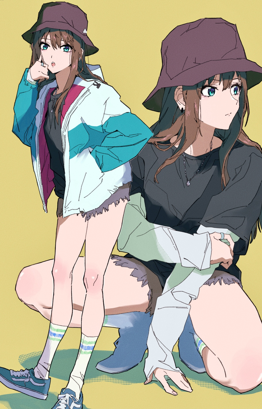 1girl absurdres bangs black_shirt bloom_into_me15 blue_shorts brown_hair closed_mouth commentary_request earrings full_body green_eyes green_jacket grey_shorts hand_in_pocket hand_on_ground hand_on_own_elbow hand_up hat highres idolmaster idolmaster_cinderella_girls jacket jewelry long_hair long_sleeves looking_to_the_side multiple_views necklace open_clothes open_jacket open_mouth purple_headwear ring shaka_sign shibuya_rin shirt shoes short_shorts shorts simple_background sleeves_past_wrists socks squatting stud_earrings teeth upper_teeth_only white_socks yellow_background