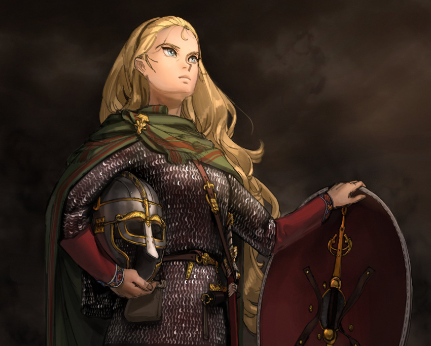 1girl absurdres ahoge armor bangs_pinned_back belt blue_eyes breasts chainmail closed_mouth cowboy_shot eowyn from_side gauntlets hairband helmet highres holding holding_helmet light_frown lips long_hair looking_afar medium_breasts scabbard serious sheath shield solo storm sword the_lord_of_the_rings tolkien's_legendarium very_long_hair wassnonnam weapon