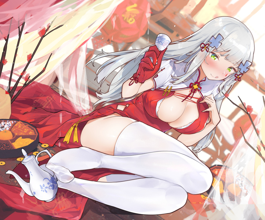 1girl alternate_costume aqua_hair breasts center_opening china_dress chinese_clothes chinese_new_year cleavage cup dress drunk facial_mark girls'_frontline gloves green_eyes hair_ornament highres hk416_(girls'_frontline) holding holding_cup knees_up leg_hold licking_lips liu_zhao long_hair no_shoes red_dress red_gloves single_glove sitting teardrop teardrop_facial_mark thighhighs tongue tongue_out white_thighhighs
