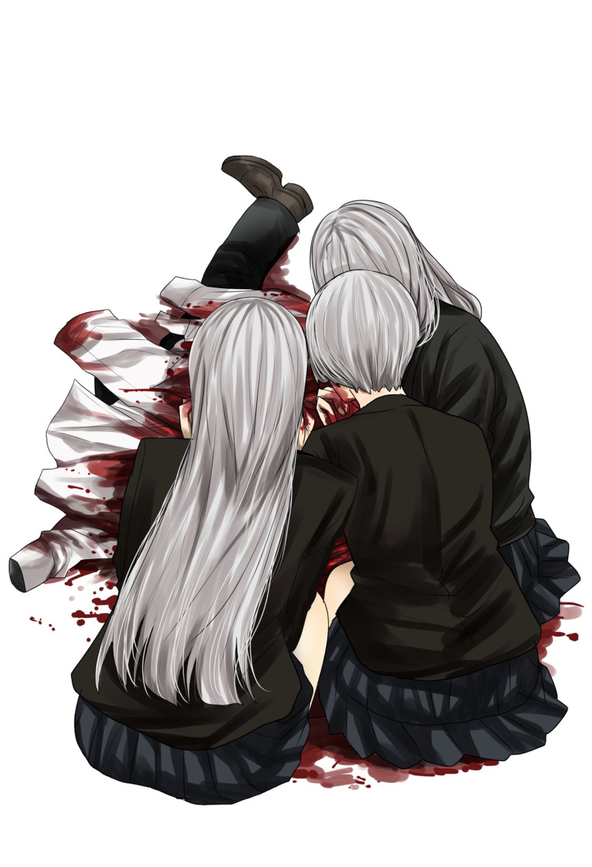 1other 3girls black_jacket black_skirt blood blood_on_face cannibalism grey_hair highres hoshi_san_3 jacket long_hair multiple_girls original pleated_skirt short_hair skirt squatting