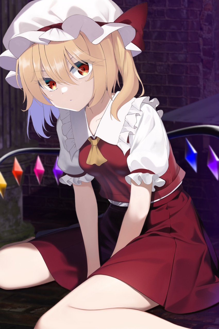 1girl absurdres ascot bangs between_legs closed_mouth crystal flandre_scarlet hand_between_legs hat hat_ribbon highres looking_at_viewer mob_cap one_side_up red_eyes red_ribbon red_skirt red_vest ribbon shirt short_hair short_sleeves sitting skirt solo str11x touhou v_arms vest wariza white_headwear white_shirt wings yellow_ascot